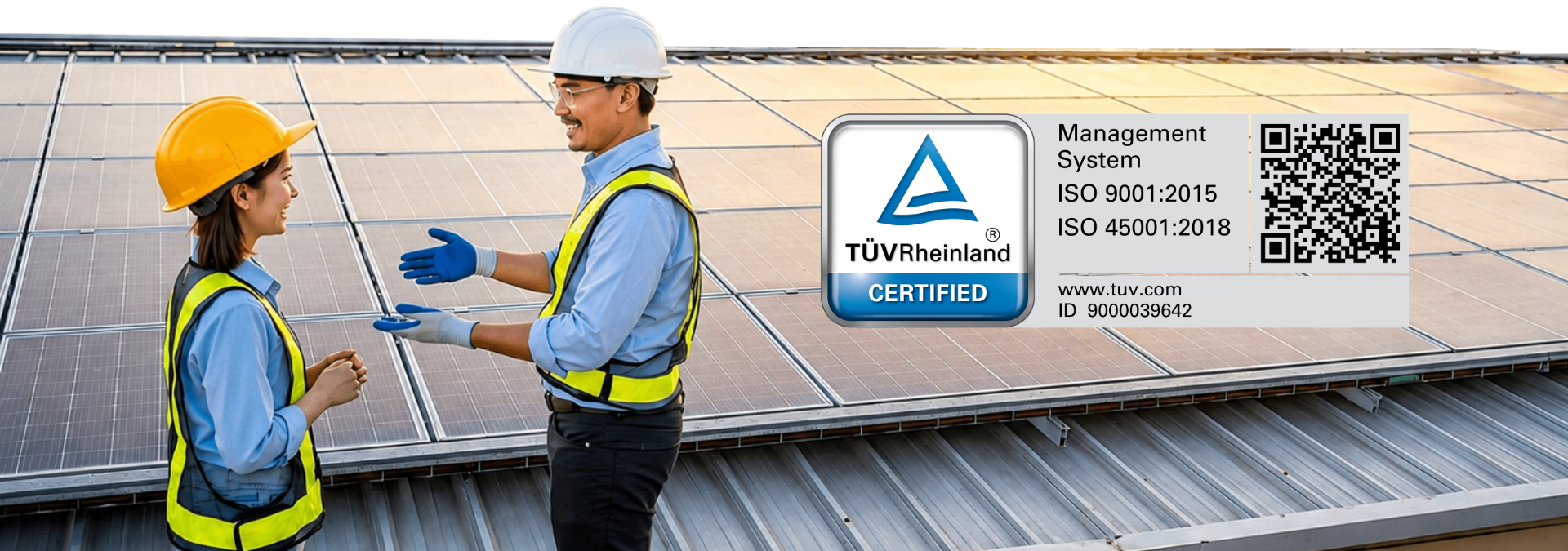 NetSolar achieves dual ISO 9001:2015 and ISO 45001:2018 certifications — technicians inspecting a commercial rooftop solar installation